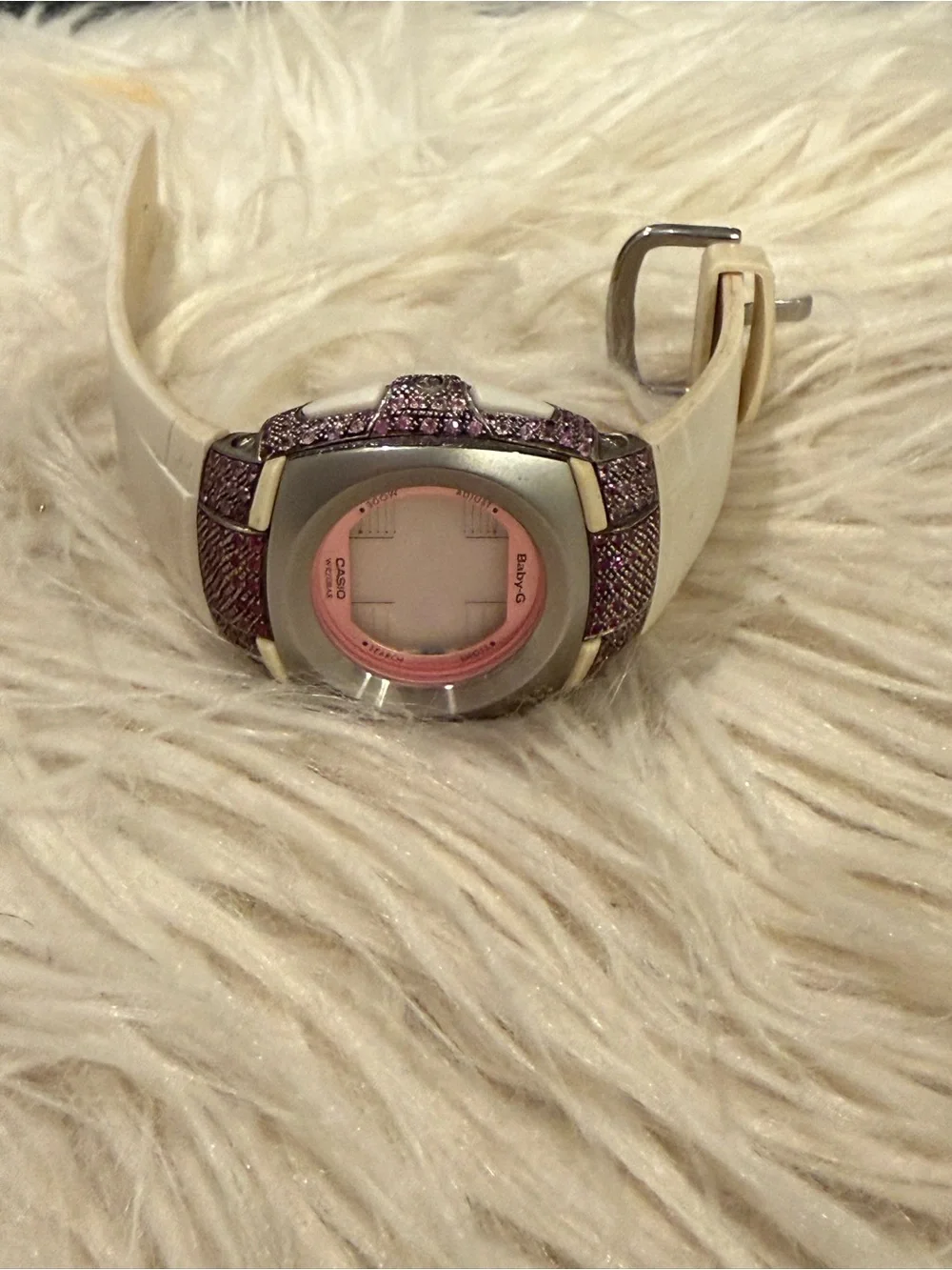 Casio Baby-G Pink Dial White Strap Watch with Purple Crystal Accents